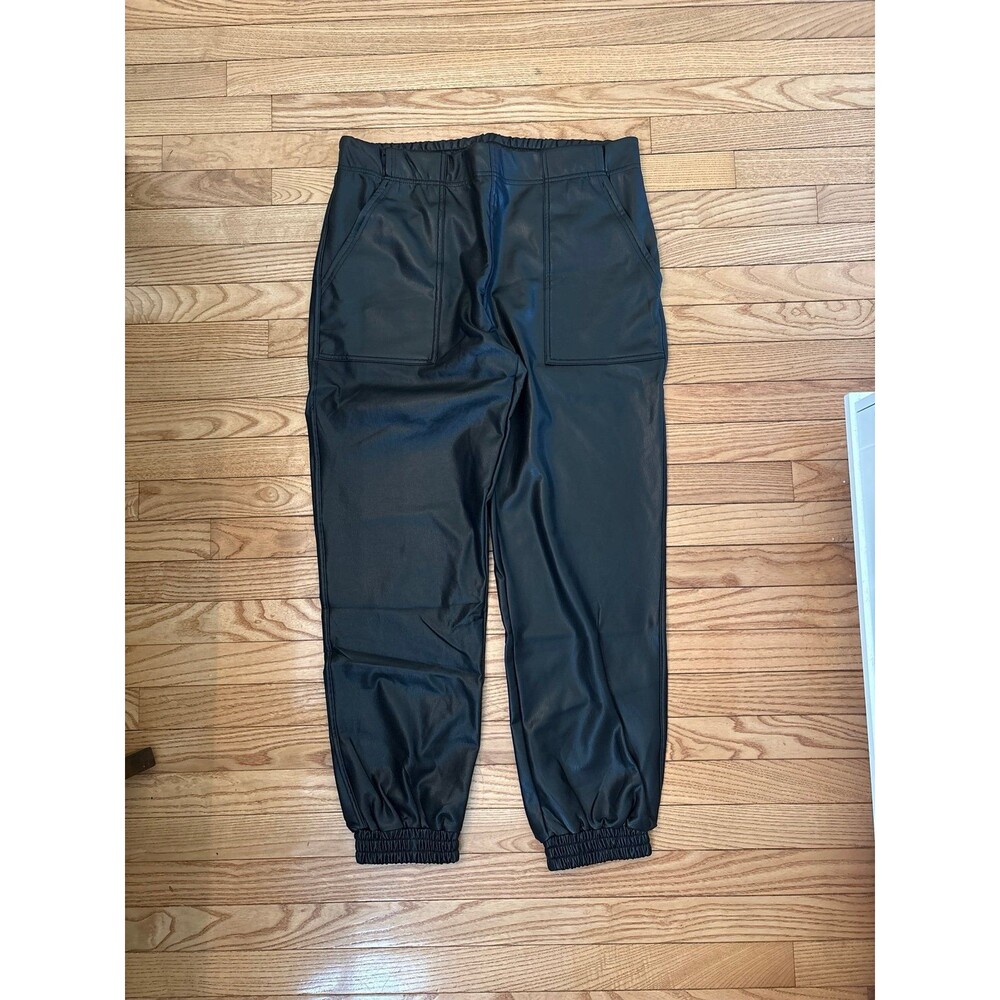 Womens faux leather pleather pants black pockets jogger baggy emo grunge NEW